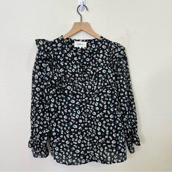 BA&SH Blake Black Leopard Printed Blouse Long Sleeve Cotton Button Front Top S - Picture 4 of 10